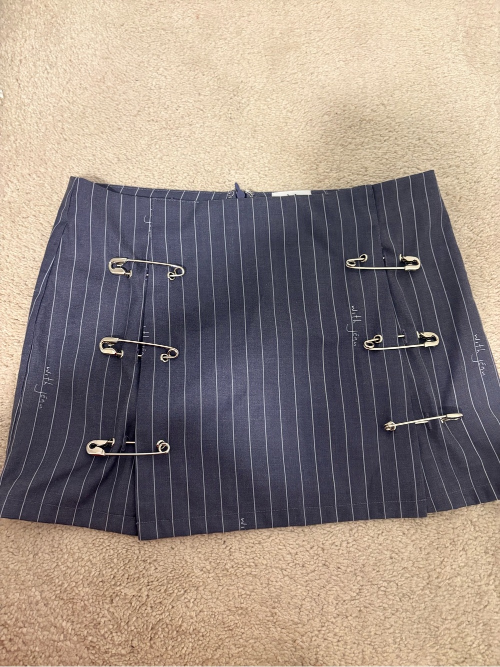 Pinstripe Mini Skirt with Safety Pin Detail - Blue - Picture 2 of 2